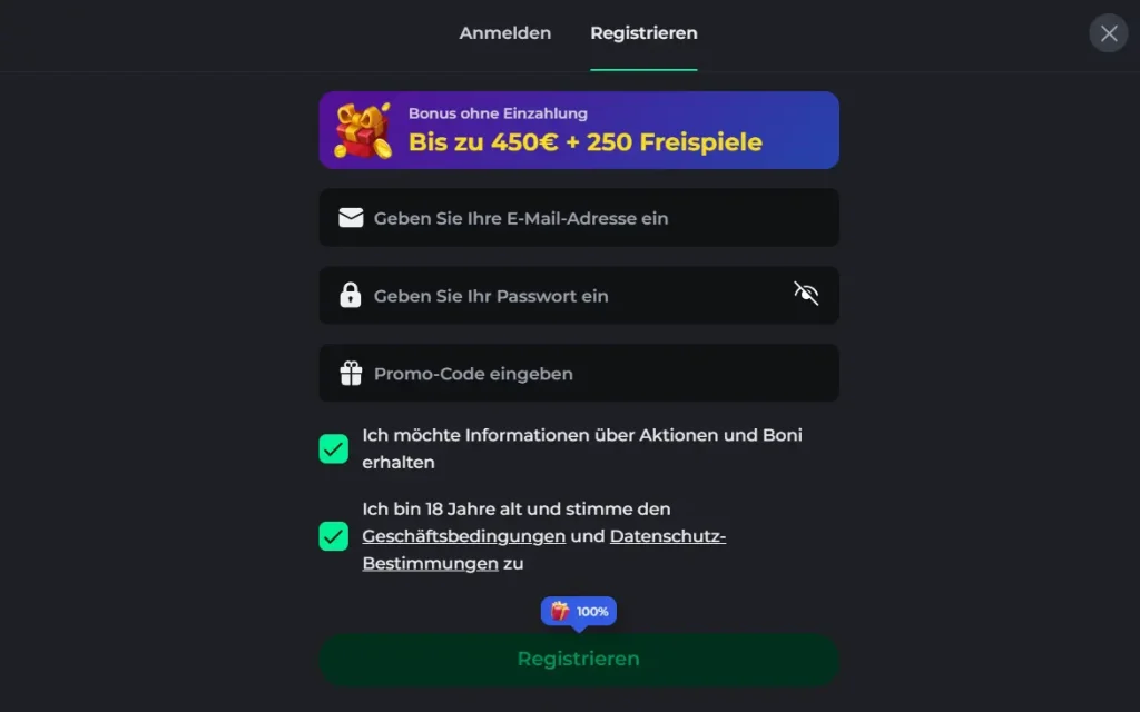 Registrierung mit Bonus ohne Einzahlung