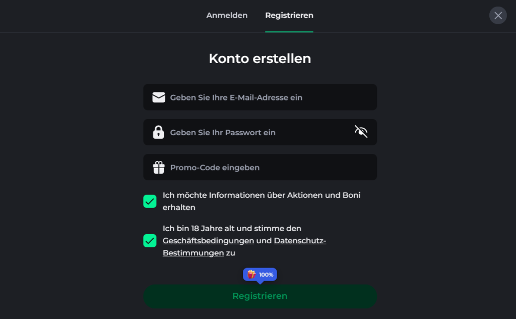 Erstellen eines Kontos, um einen Bonuscode zu erhalten