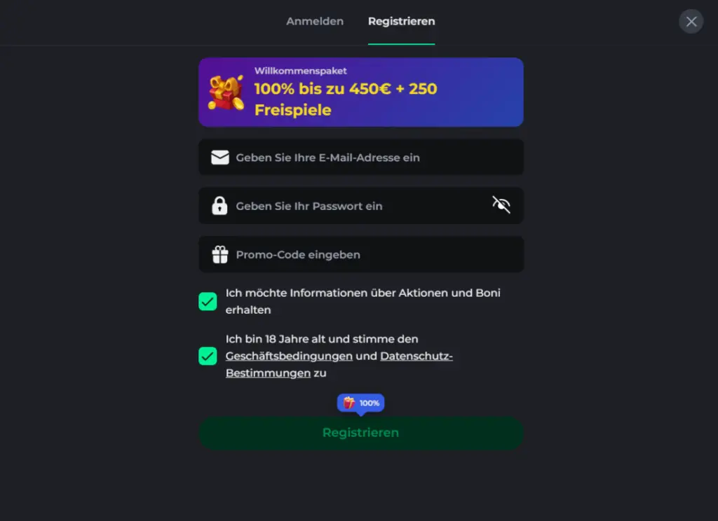 Registrierung auf Casino